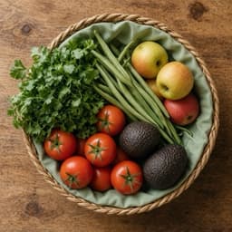 Canasto de feria con paltas, tomates y porotos verdes