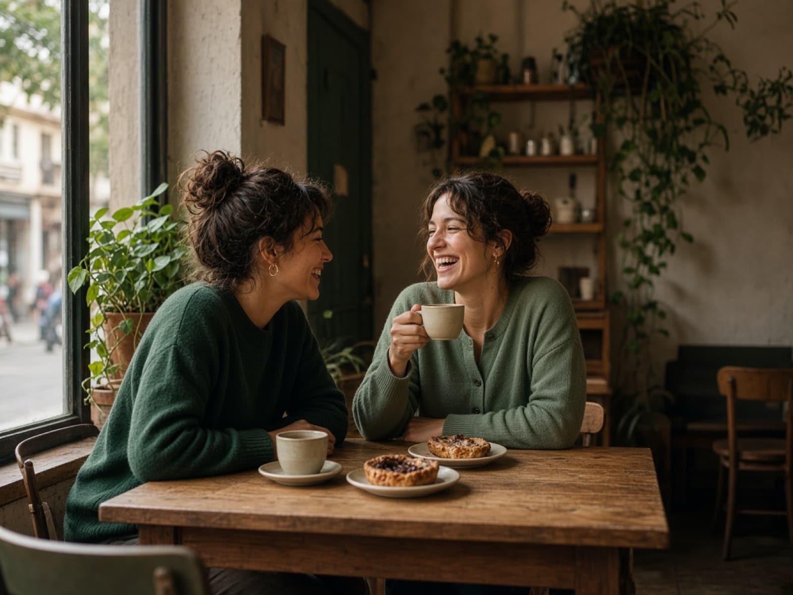 Dos amigas conversando en un café de barrio, sin apuro